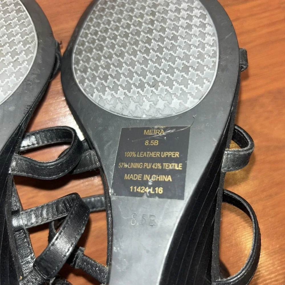 Lauren Ralph Lauren Meira Black Leather Strappy Wedge Sandals Braided Ankle 8.5B